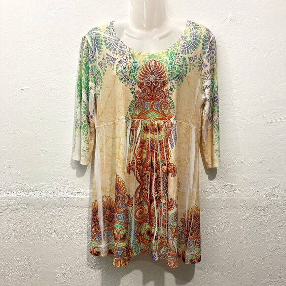 Aces Design Retro Tunic Top High waist Embellished Pullover Lightweight Multi XL - Picture 1 of 10